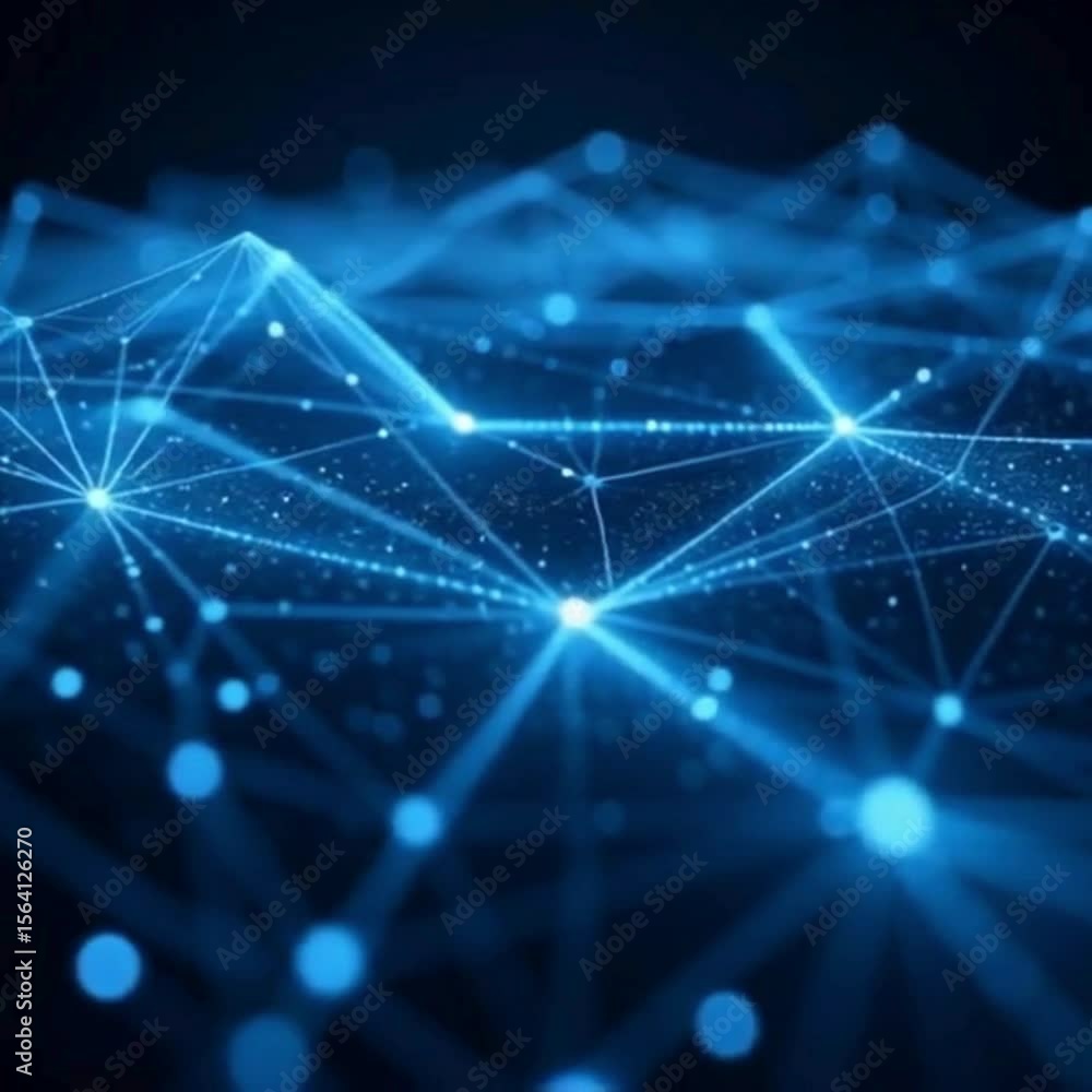 Poster futuristic blue network connection with glowing nodes and lines for technology background