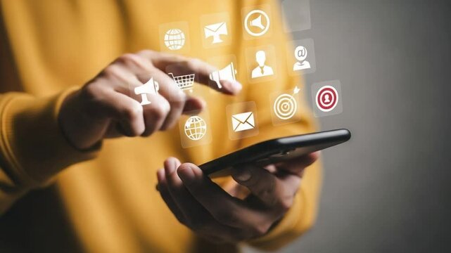 Person using smartphone with floating icons representing business and social media functions shown