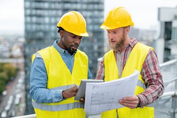 Two construction workers, one Black, one white, review blueprints and a tablet on a rooftop, high-rise buildings in the background. They wear hard hats and safety vests
