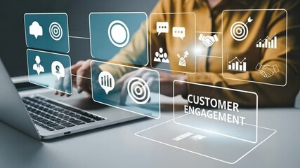 Person using laptop with customer engagement icons displayed in a digital interface overlaying the screen - Powered by Adobe