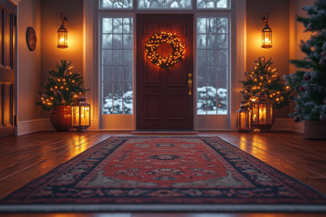 A festive Christmas door adorned with a wreath and garlands.