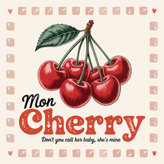 Attractive design featuring a bunch of red cherries and the phrase "Mon Cherry," is perfect for creating appealing stickers, logo design, or themed decorations.