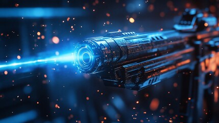 Futuristic Weapon Emitting a Powerful Blue Beam in a Fiery Setting