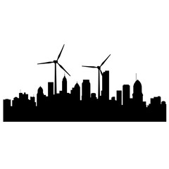 Silhouette of city skyline with wind turbines on rooftops, urban renewable energy