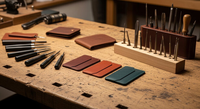 Leather craftsman's rustic workbench featuring handmade wallets and a collection of professional leatherworking tools for artisan crafting.