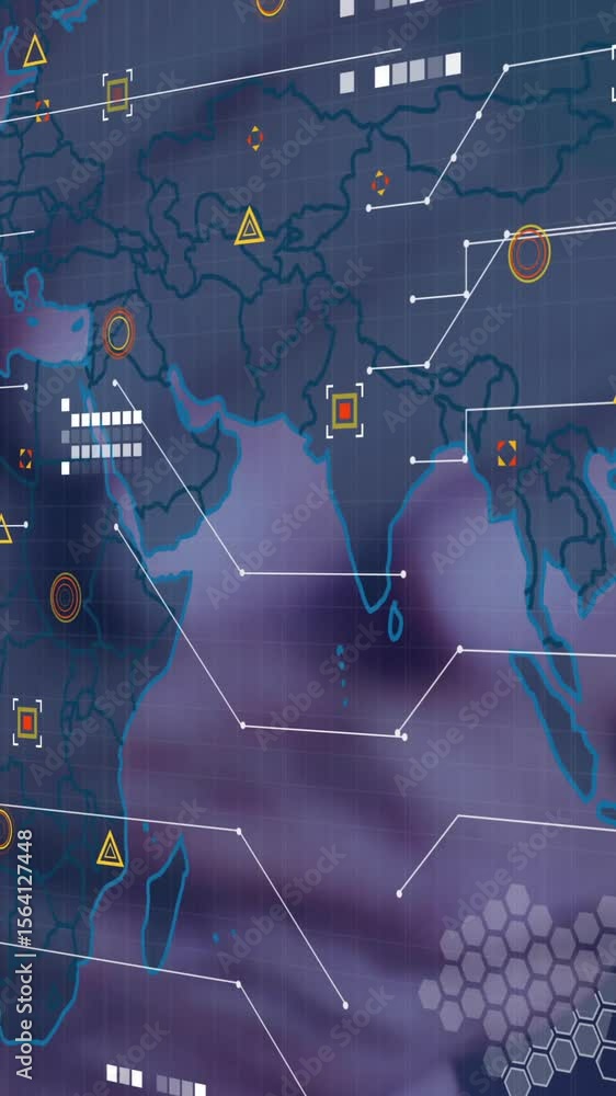 Poster animation of world map and data processing over caucasian man washing hands