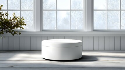 White round box on a surface near a window with winter background.