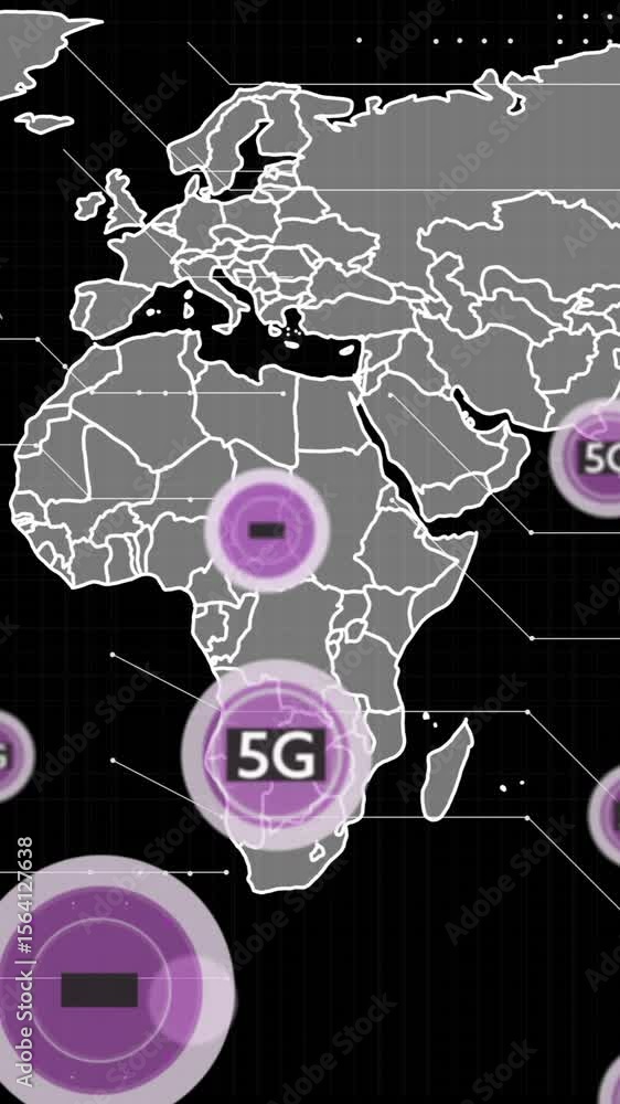 Poster Animation of 5g text, digital data processing and world map over black background