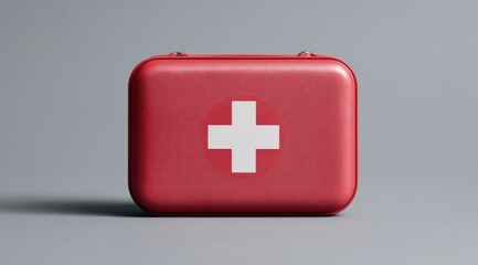 Obraz premium A red rectangular first-aid kit rests on a grey surface, featuring a prominent white cross. Its slightly rounded edges and matte finish suggest durability
