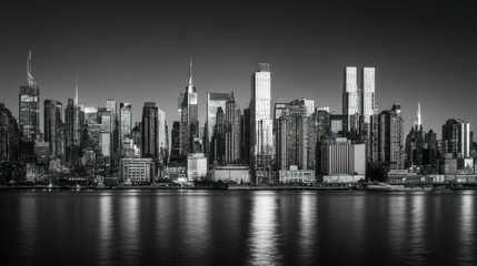 City skyline at twilight monochrome skyscrapers and water reflection
