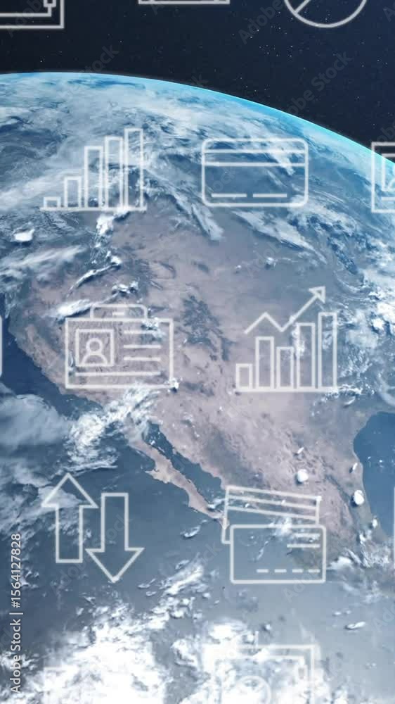 Poster animation of business icons and digital data processing over globe on dark background
