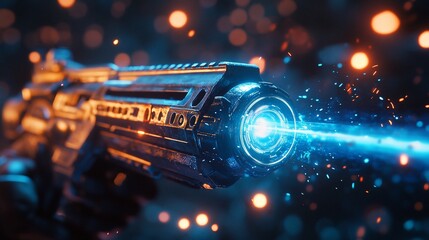Futuristic Laser Gun Emitting Powerful Blue Beam with Bokeh Background