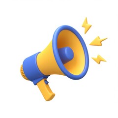 A yellow and blue 3d megaphone is isolated on white background