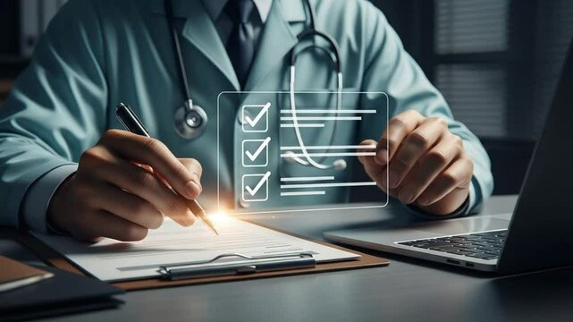 Doctor completing checklist with pen and laptop in view wearing stethoscope at a desk setting