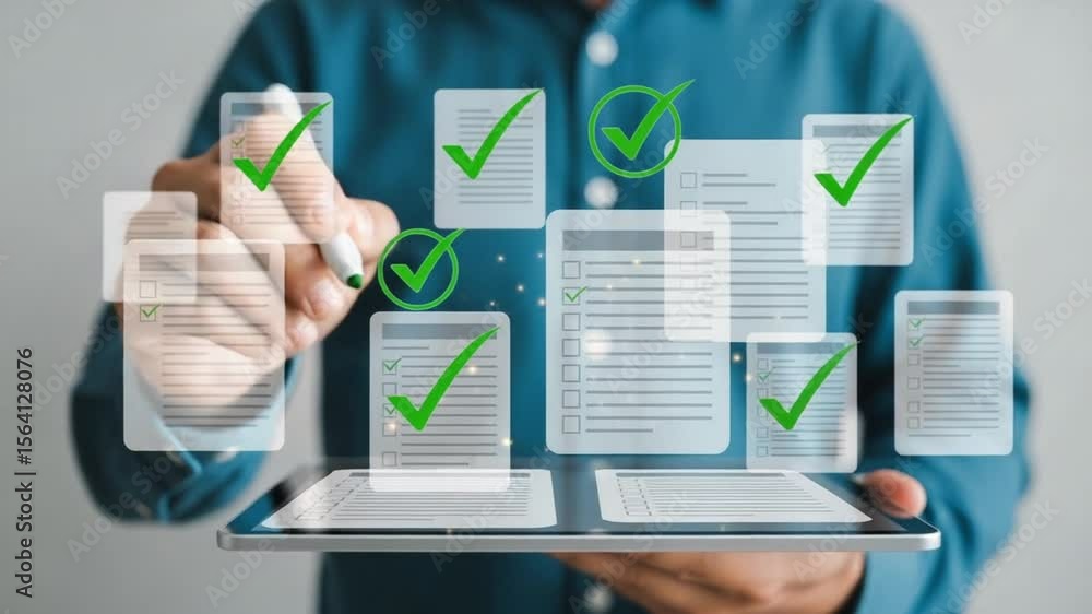 Poster person holding tablet with floating checklist documents and green check mark in the air using pen