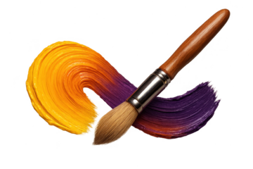 Paint brush with vibrant orange and purple paint stroke, isolated on transparent background