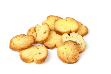 Bruschetta slices arranged on a white background, showcasing golden-brown toasted edges and a crispy texture, perfect for culinary presentations and appetizing displays