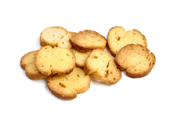 Bruschetta slices arranged on a white background, showcasing golden-brown toasted edges and soft interiors, perfect for culinary presentations and gourmet recipes