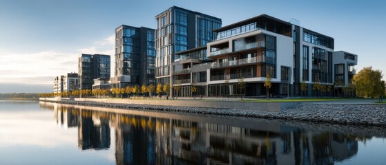 Modern apartment buildings waterfront reflection contemporary architecture