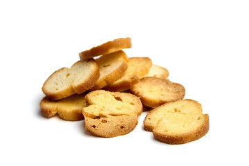 Bruschetta slices arranged artistically on a white background, showcasing golden-brown toasted bread with a crispy texture, perfect for culinary presentations and food styling