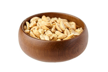 Roasted salted peanuts in a wooden bowl isolated on a white background, showcasing their texture and color, perfect for culinary and snack-related projects