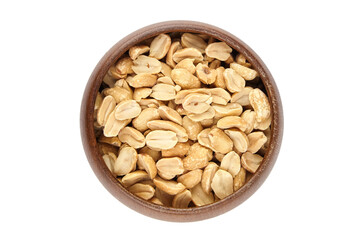 Roasted salted peanuts in a wooden bowl isolated on a white background, showcasing their crunchy texture and natural color, perfect for snacking or culinary use