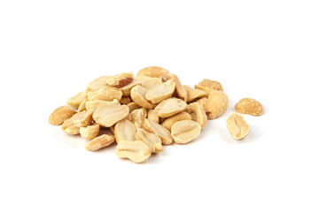 Roasted salted peanuts scattered on a white background, showcasing their golden brown color and smooth texture, ideal for culinary use and snack presentations