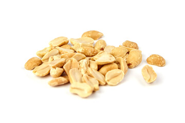Roasted salted peanuts scattered on a white background showcasing their texture and color, perfect...