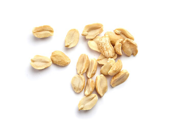 Roasted salted peanuts scattered on a clean white background, showcasing their golden-brown color and textured surface, ideal for culinary and snack-related imagery