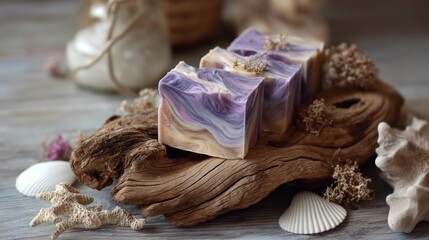 Swirled purple and beige artisan soap bars on rustic wood