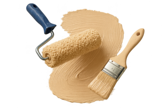 Paint roller and brush with beige paint isolated on a transparent background, close-up
