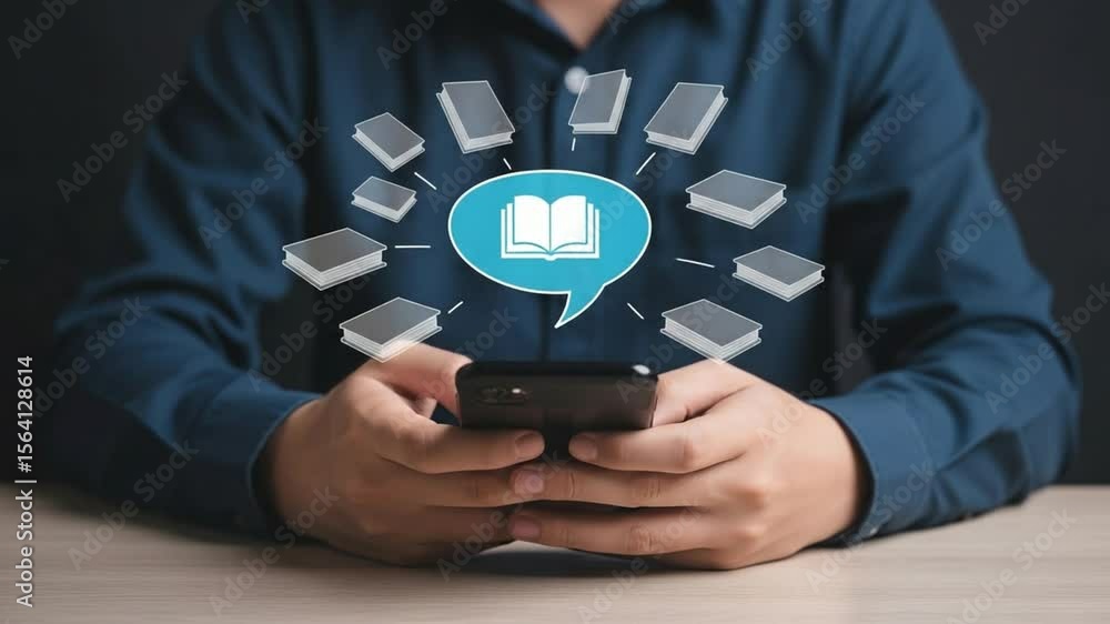 Poster man using smartphone with book icon in speech bubble surrounded by book icons on a wooden surface
