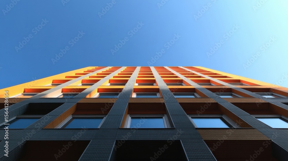 Poster a tall building with many windows and a sky background