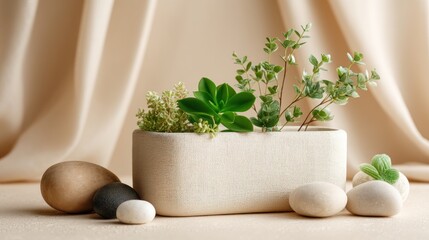 Green plants in textured planter with smooth stones neutral background