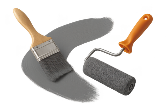 Paintbrush and paint roller isolated on transparent background, gray color - Powered by Adobe