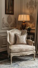 Elegant cream armchair in a luxurious room.
