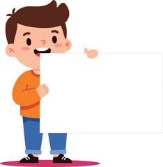Little boy holding blank white board with happy expression and casual clothes vector illustration 