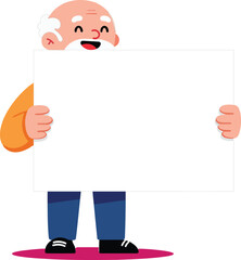 Cartoon Elderly Man Holding Blank Signboard Standing on Purple Shadow Illustration 