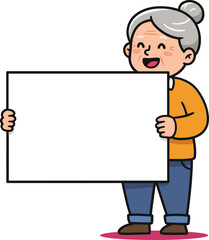 Elderly woman holding blank white signboard smiling cheerful cartoon character illustration 
