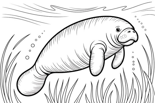 Manatee swimming underwater, amidst aquatic plants.
