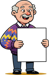 Cartoon elderly man holding blank poster wearing colorful zigzag sweater and smiling happily in portrait orientation 