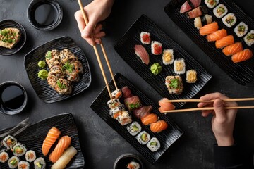 Overhead view of several black plates laden with assorted sushi and nigiri pieces, two pairs of hands using chopsticks to pick up sushi.  Soy sauce dishes are scattered around the plates