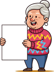 Elderly woman holding blank sign wearing colorful sweater with zigzag pattern smiling happily 
