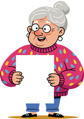 Elderly woman holding blank paper with colorful sweater and glasses cheerful expression smiling cartoon illustration 