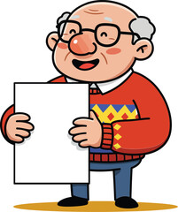 Elderly man holding a blank white paper sheet in colorful sweater and glasses smiling happily
