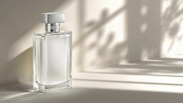 Rectangular perfume bottle on a light beige background with shadows.