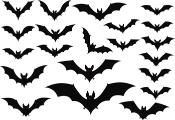 Collection of scary black bat silhouettes with glowing red eyes. Spooky Halloween vector illustration.