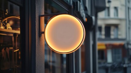 a round sign hanging on a wall in front of a building