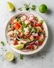 Bowl of Peruvian ceviche with lime, red onion, and cilantro