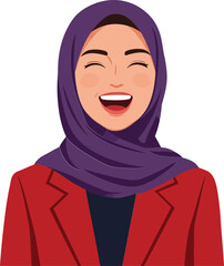 Young woman wearing purple hijab and red blazer smiling with closed eyes cheerful expression digital illustration 